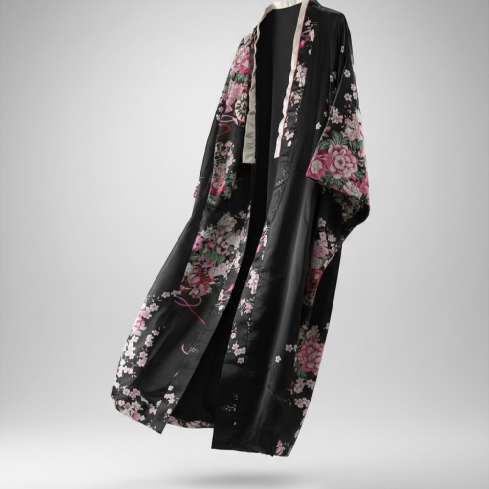 Black and Multi Colored Silk Kimono Dressing Gown - Picture 3 of 7